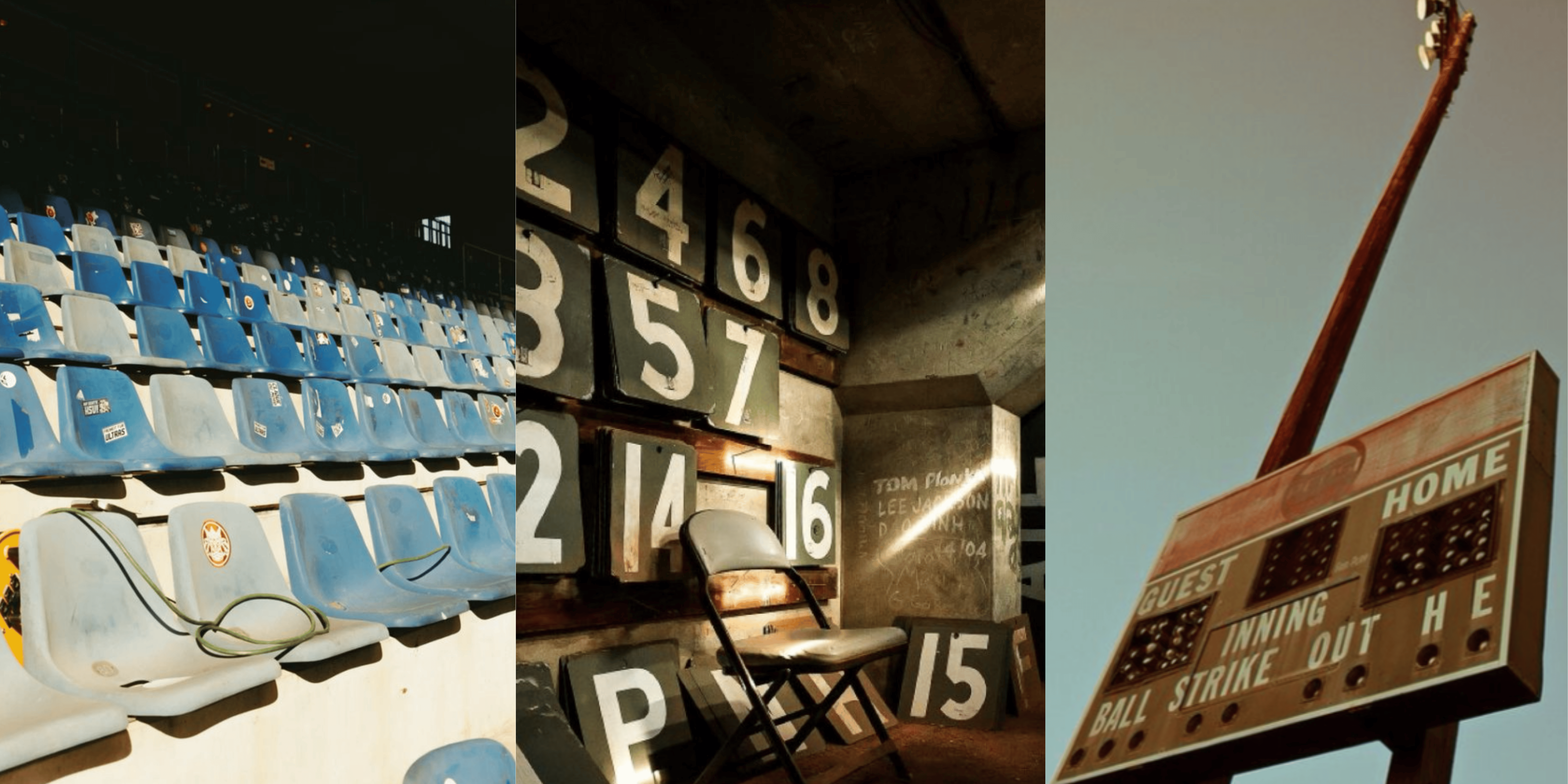 Vintage baseball stadium collage featuring weathered blue seats, an old manual scoreboard, and worn wooden chairs, representing tradition, grit, and the heart of the home team.